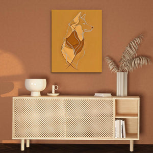 a picture of a dog on a wall above a sideboard