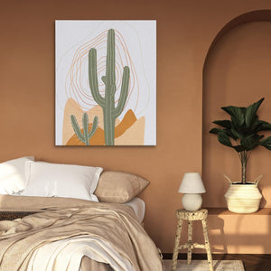 a bedroom with a cactus painting on the wall