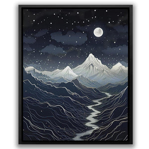 a painting of a mountain range at night