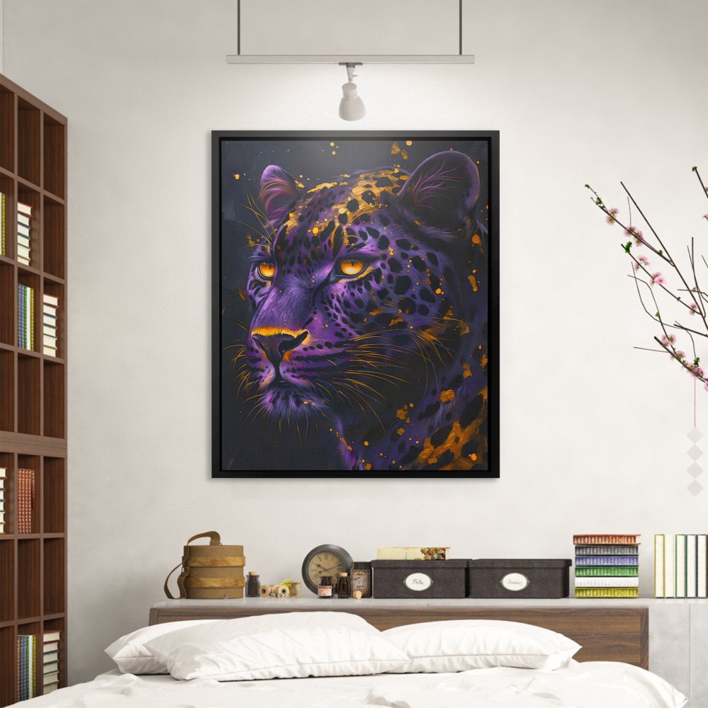 a painting of a purple leopard with yellow eyes