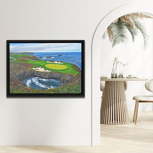 a painting of a golf course near the ocean