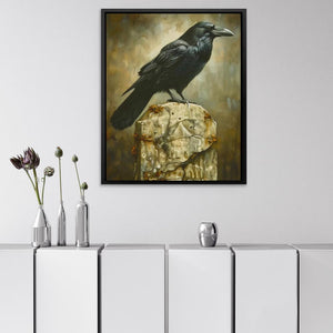 a painting of a black bird sitting on top of a rock