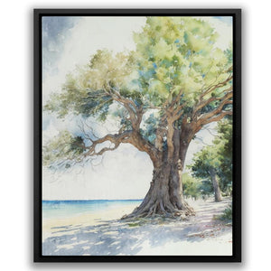 a painting of a tree on a beach