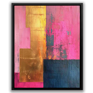 a painting of a pink, blue, yellow and black color scheme