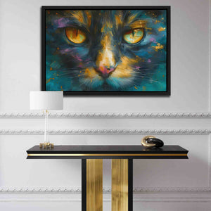 a painting of a cat on a wall above a table