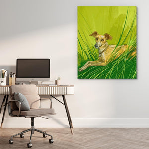 a painting of a dog laying in the grass