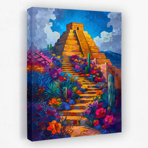 a painting of a stairway leading to a pyramid