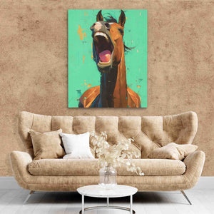 a living room with a couch and a painting of a horse