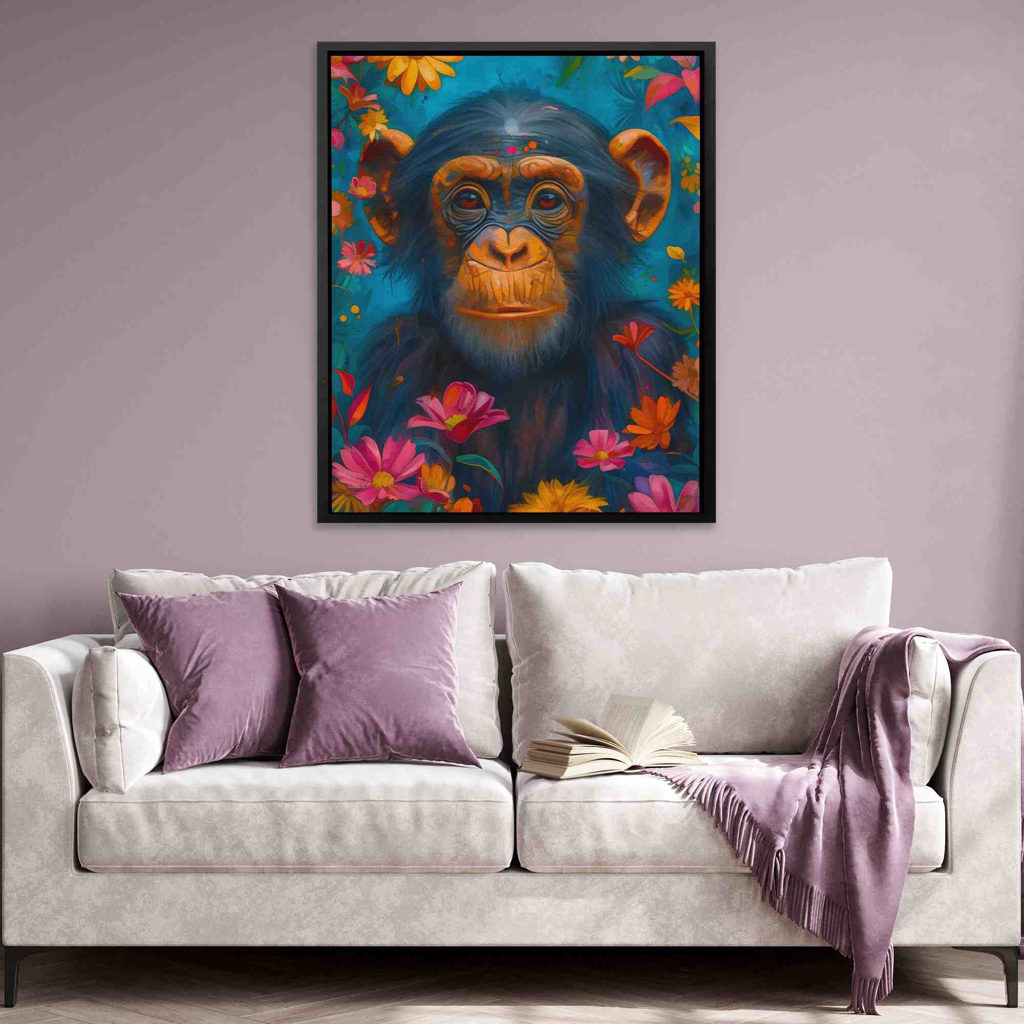 a painting of a monkey surrounded by flowers