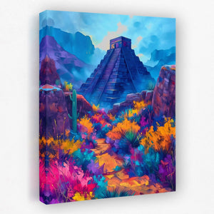 a painting of a pyramid in the desert