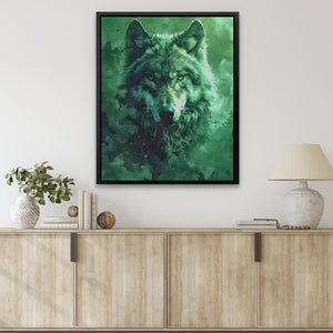 a painting of a wolf on a wall above a dresser