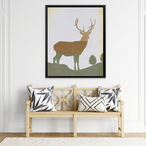 a picture of a deer on a wall above a bench