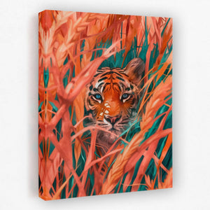 a painting of a tiger hiding in tall grass