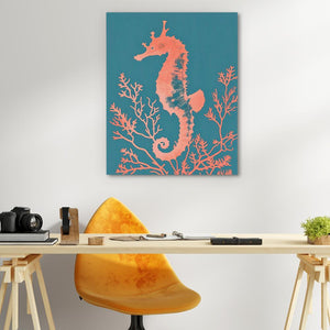 a painting of a sea horse on a wall above a desk