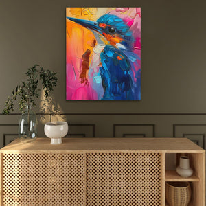 a painting of a colorful bird on a wall