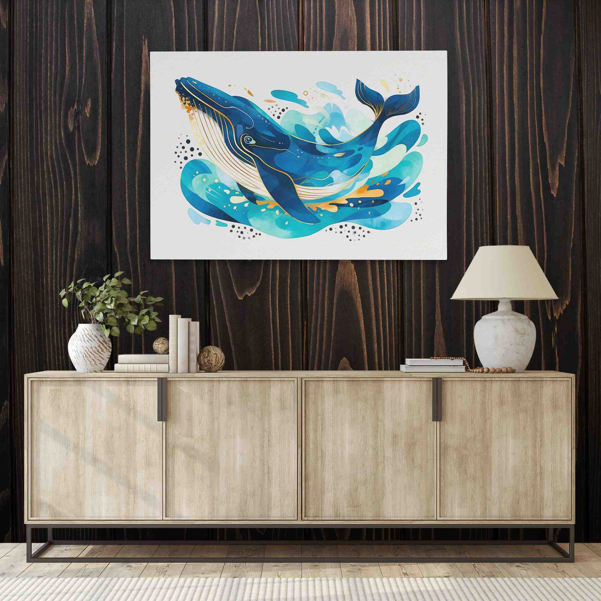 a painting of a whale on a wooden wall