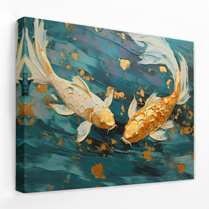 a painting of two gold fish swimming in a pond