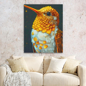 a painting of a colorful bird on a wall