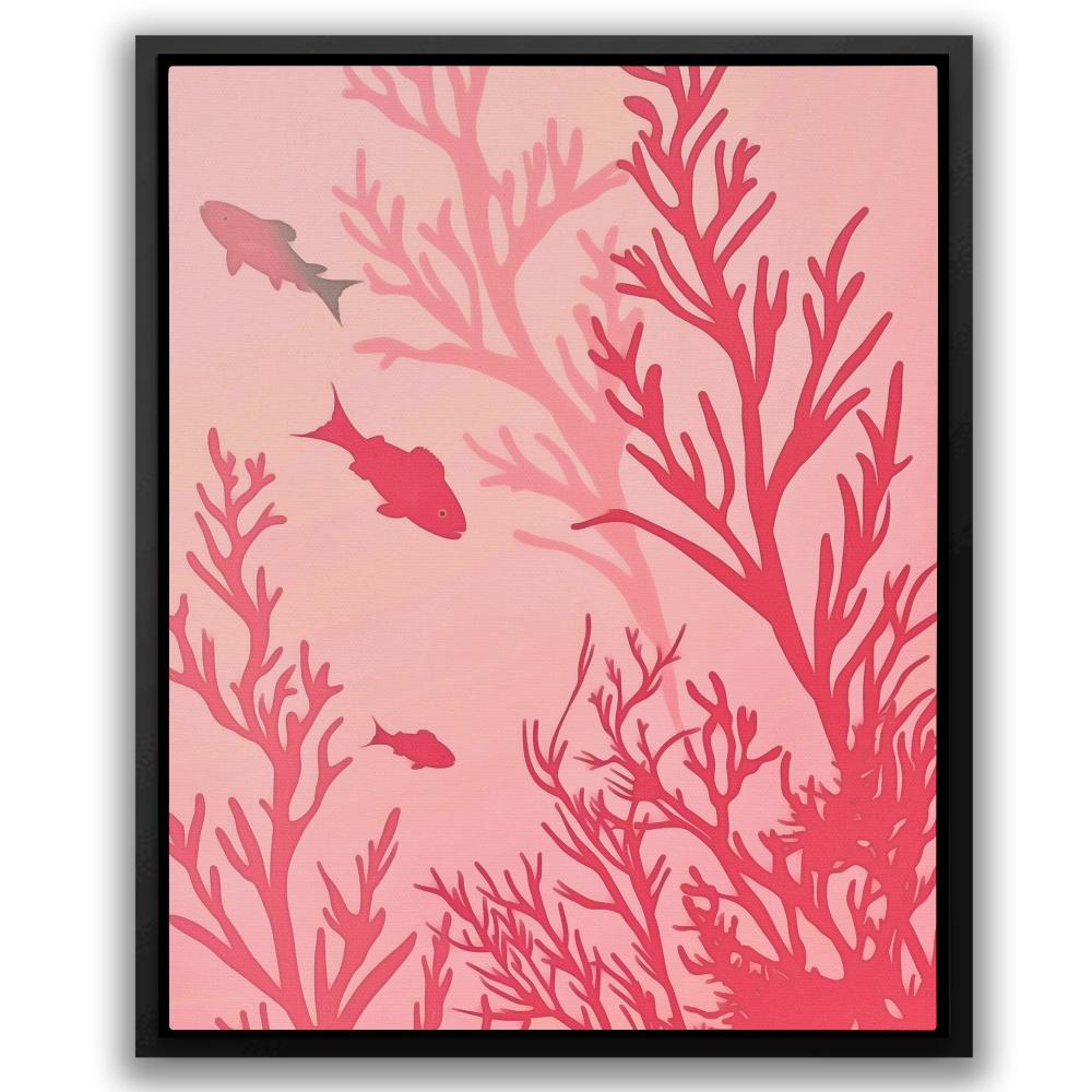 a painting of corals and fish on a pink background