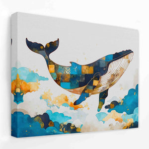 a painting of a whale floating in the air
