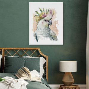 a painting of a cockatoo on a wall above a bed