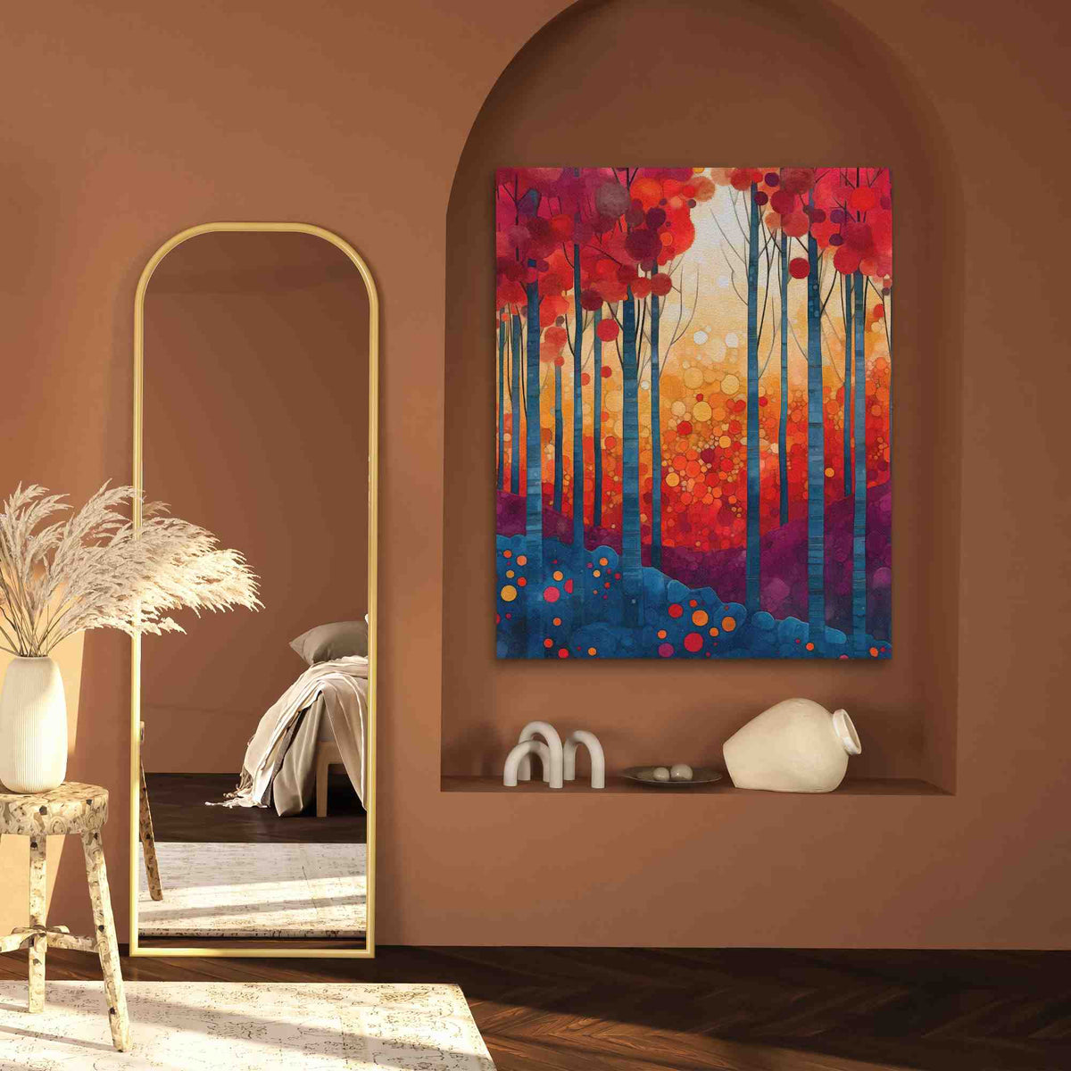 a painting hanging on a wall next to a mirror