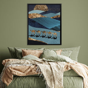 Sahara Stroll: Gold and Blue Desert Camel Art Print - Luxury Wall Art 