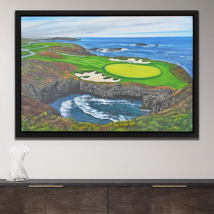 a painting of a golf course on the ocean