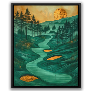 a painting of a river running through a forest