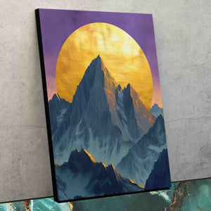 a painting of a mountain range with a full moon in the background