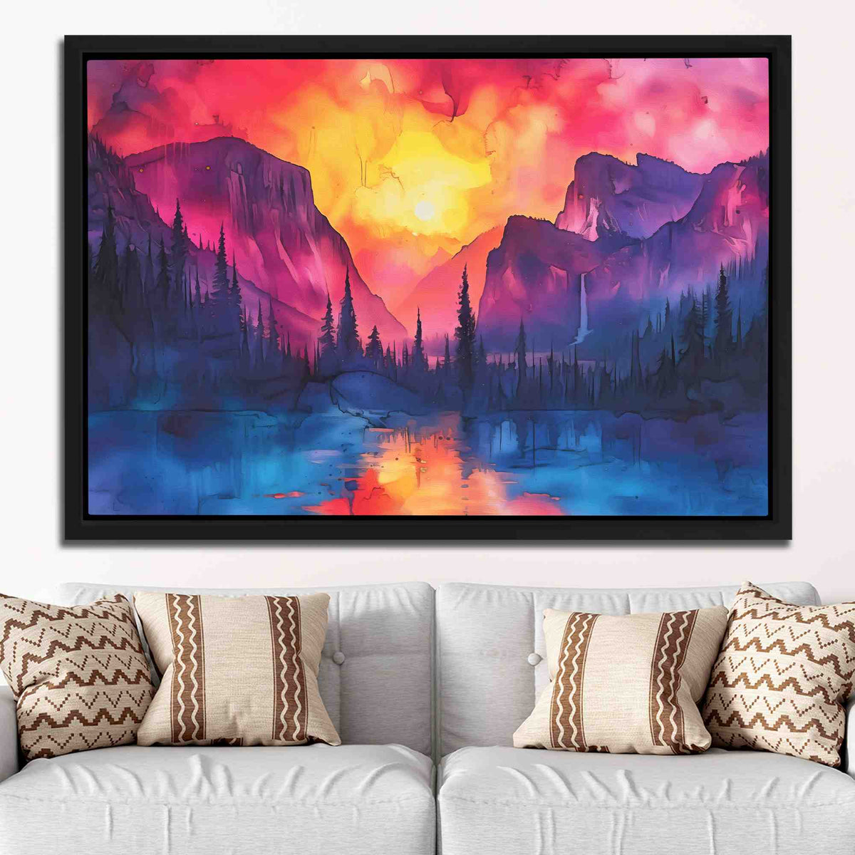 a living room with a couch and a painting on the wall