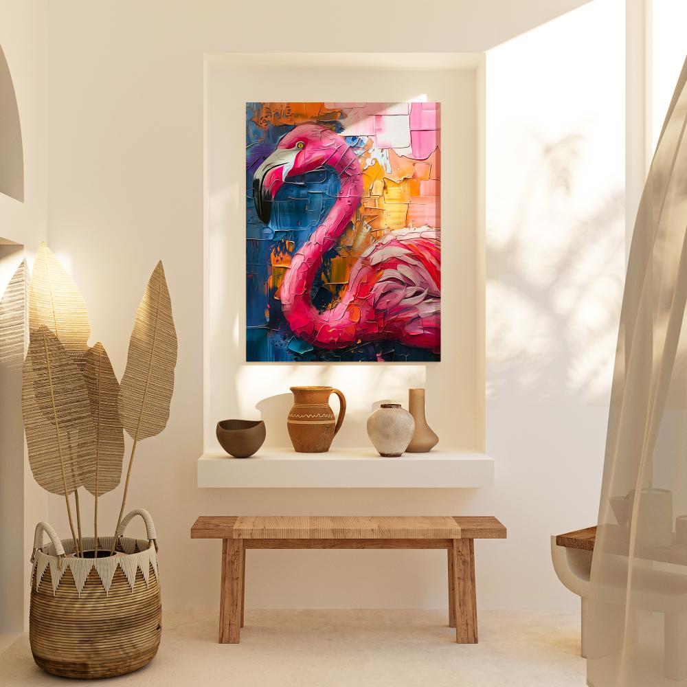 a painting of a pink flamingo in front of a brick wall