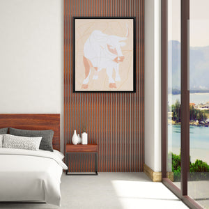 a bedroom with a picture hanging on the wall