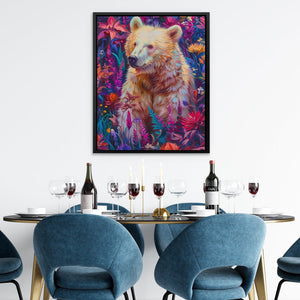 a painting of a bear is hanging above a dining room table