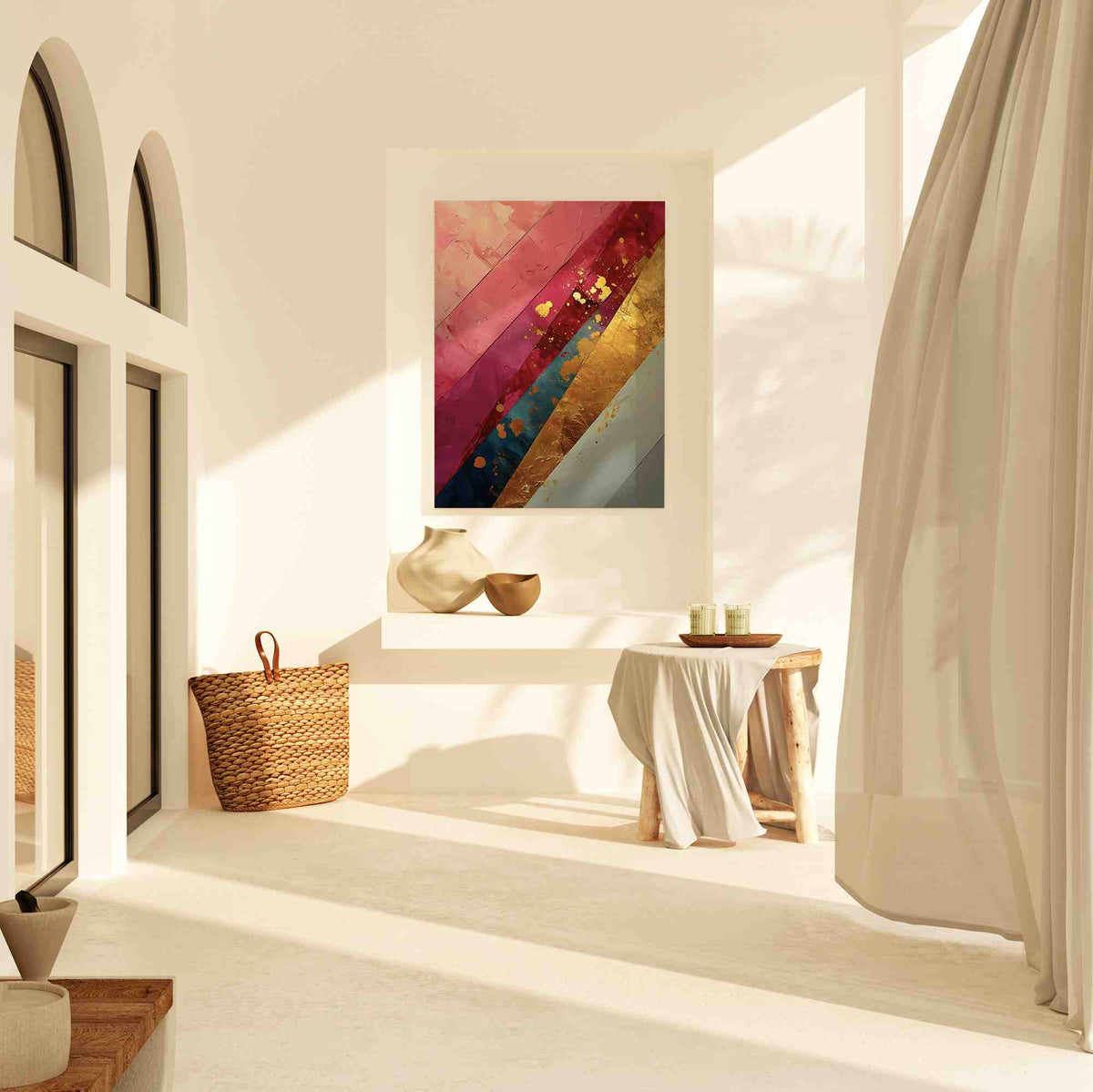 a white room with a painting on the wall