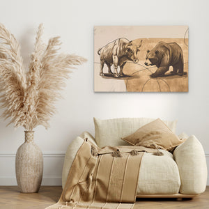 a painting of two bears on a wall next to a couch