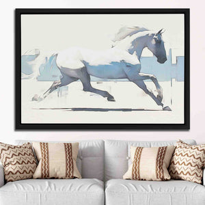 a painting of a white horse running in the snow