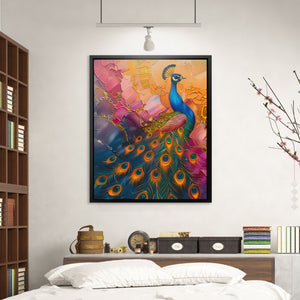 a painting of a peacock on a wall above a bed