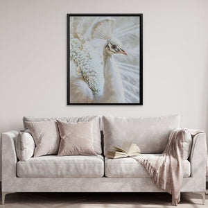 a painting of a white peacock in a living room