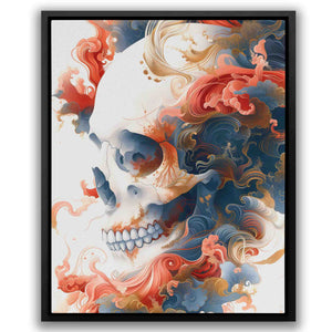 a painting of a skull with red, white and blue hair