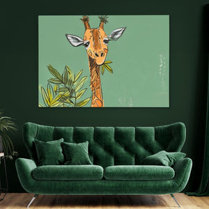 a painting of a giraffe on a green wall