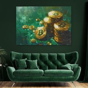 a green couch sitting in a living room next to a painting