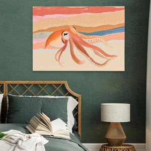 a bedroom with an octopus painting on the wall