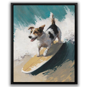 a painting of a dog on a surfboard