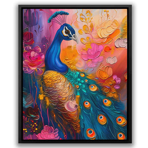 a painting of a peacock with flowers in the background