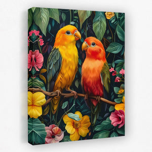 a painting of two colorful birds sitting on a branch