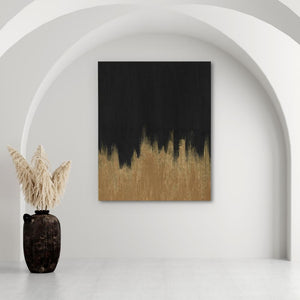 a black and gold painting in a white room