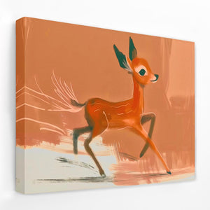 a painting of a deer running in the snow