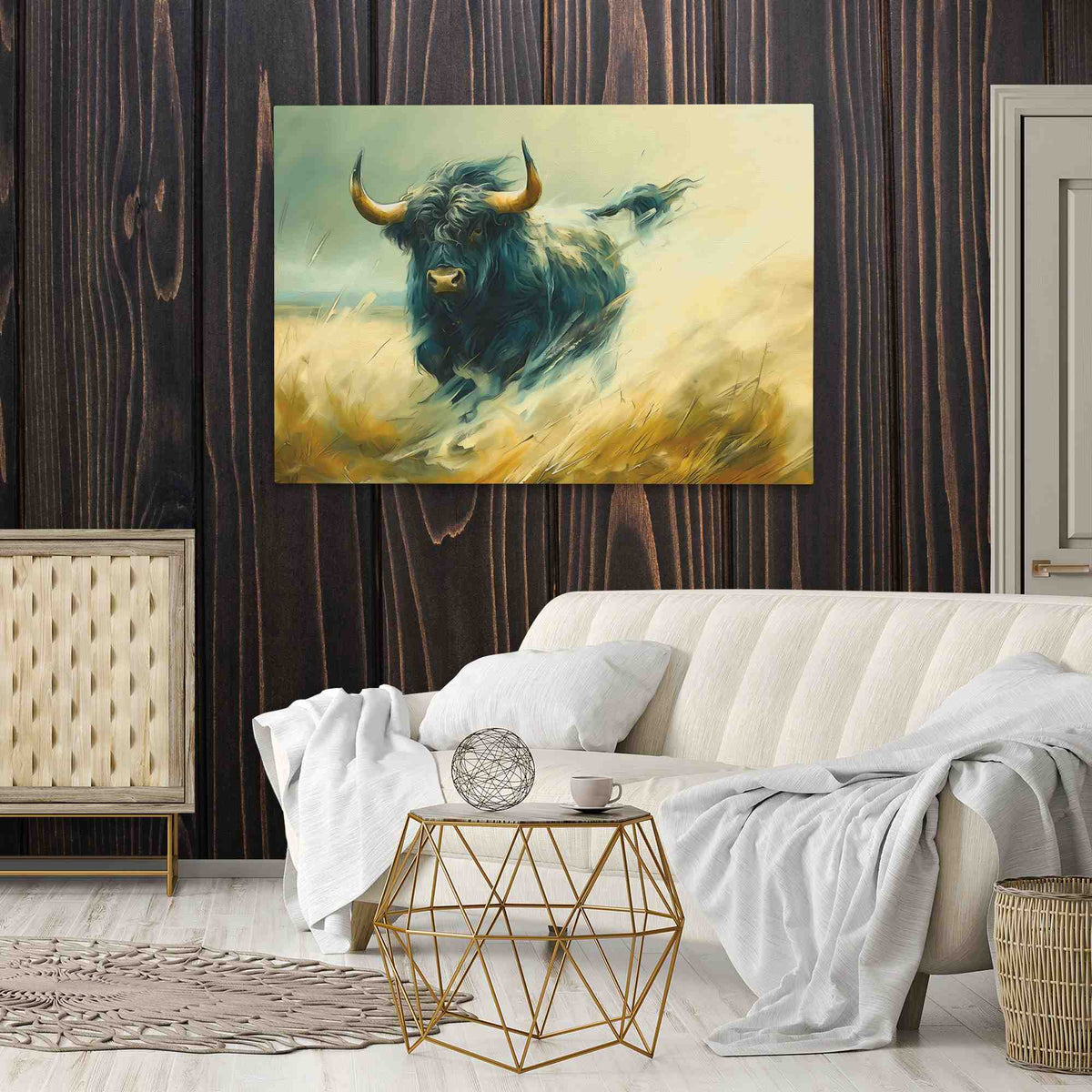 a living room with a couch and a painting on the wall