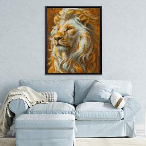 a living room with a blue couch and a painting of a lion